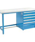 Garage Boss Heavy Hitter 72 Inch Modular Workbench With Five Steel Drawer Units Built Like A Tank For Your Shop Floor Featuring Laminate Top Blue Coating And Smooth Roller Slide Tracks, side view.