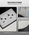 Top Shelf 20 Amp Recessed Floor Outlet With Beefy Stainless Steel Splash Proof Cover And Six Hole Hidden Electrical Box dual receptacles and brushed steel finish.