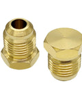 Brass Flare Plug Set For 3/8 Inch Tube OD SAE 45 Degree Fittings - 2 Pack Seal Plugs And Cap Kit, top and side view, durable construction