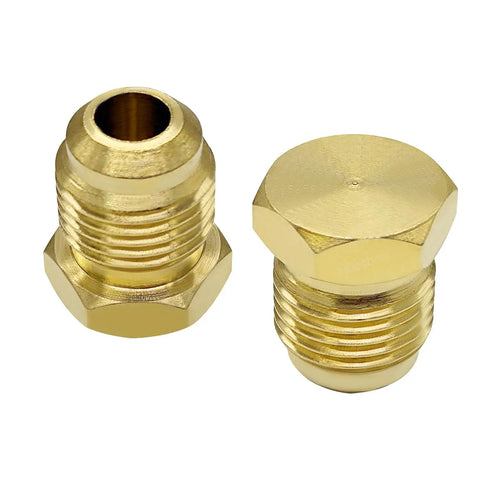 Brass Flare Plug Set For 3/8 Inch Tube OD SAE 45 Degree Fittings - 2 Pack Seal Plugs And Cap Kit, top and side view, durable construction