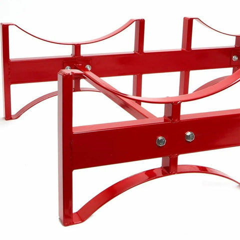 Heavy Duty Steel Drum Storage Rack For 55 Gallon Metal Drums, red metal frame with curved supports, side view angle.