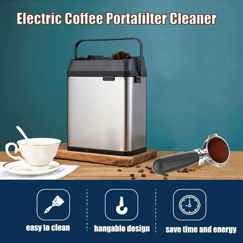 Heavy Gauge Stainless Steel Electric Portafilter Cleaner With Built In Knock Box And Scraper Blades For Professional Baristas Slinging Shots Every Single Day Without Fail, displayed with a coffee cup.