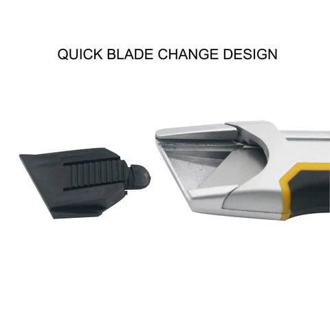 Auto Retractable Safety Utility Knife With Quick Blade Change Box Cutter And 4 Spare Blades Stored In Handle Beefy Zinc Alloy And Anti Slip Grip For Safe Quick Cutting quick blade change detail