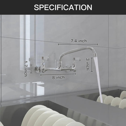 Wall Mount Kitchen Faucet With 8 Inch Center Swivel Spout Dual Handle Heavy Duty Pro Grade Chrome Mixer Tap dimensions