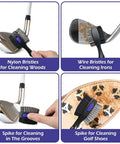 Two Pack Golf Club Brush With Oversized Head And Groove Cleaner shown on golf clubs and shoes