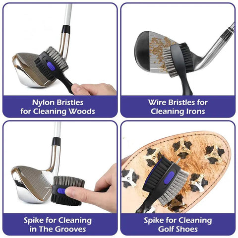 Two Pack Golf Club Brush With Oversized Head And Groove Cleaner shown on golf clubs and shoes