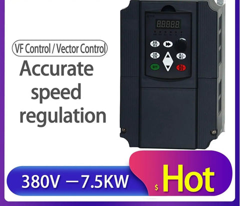 Front view of 380V 5.5KW Variable Frequency Drive VFD Inverter For 3 Phase Motors showing control panel, speed regulation feature.
