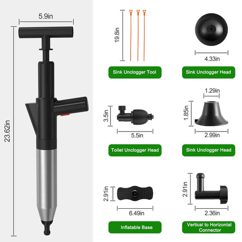 Air Powered Toilet Clog Remover Kit With Four Replaceable Heads And Visual Barometer High Pressure Air Unclogger components