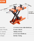 Beefy 1100 Lbs Motorcycle Lift Center Scissor Jack With Saddle And Safety Pin, orange steel structure with measurements shown.
