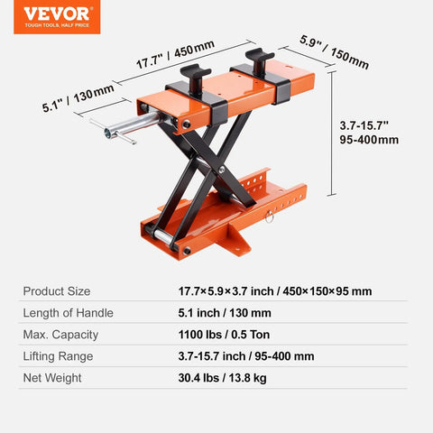 Beefy 1100 Lbs Motorcycle Lift Center Scissor Jack With Saddle And Safety Pin, orange steel structure with measurements shown.