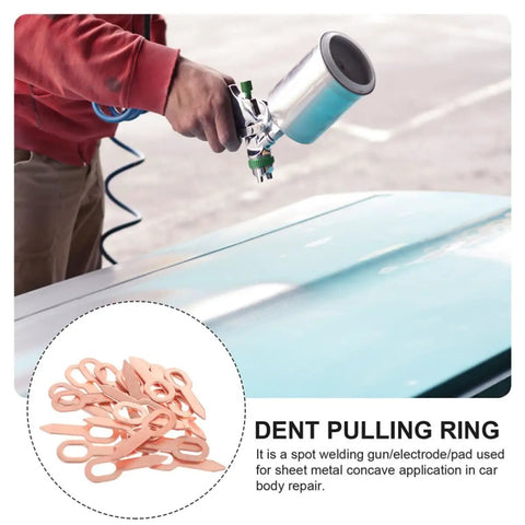 Person using dent pulling ring kit for auto body and sheet metal repair, 200 piece set with precision shaping