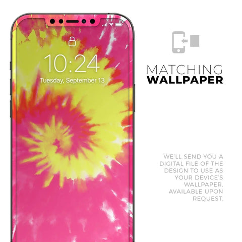 Full Body Skin Decal Wrap Kit For IPhone 11 Spiral Tie Dye V2 with matching tie-dye wallpaper on screen.
