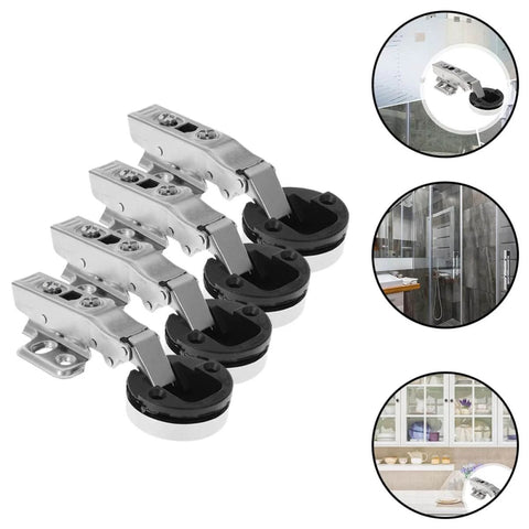 Four Pack Glass Door Hinges For Frameless Cabinets With Soft Close Dampers Built To Last High Strength Quiet Cabinet Hinges Clamp For Glass Display And Kitchen Doors, shown in a set of four with metal construction.