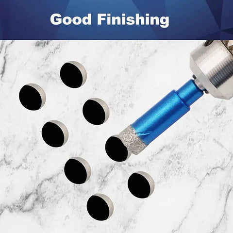 Close-up of 16mm Diamond Hole Saw Drill Bit Set in a 2 pack with hex shank drilling through marble.