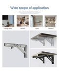 Foldable Triangular Stainless Steel Wall Shelf Brackets Set Of 2 For Adjustable Table Support in various home settings