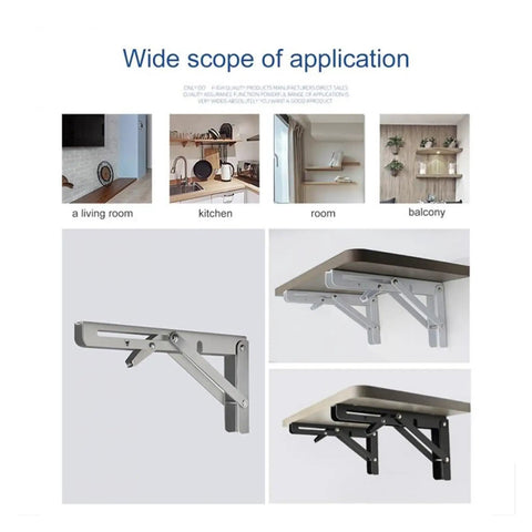 Foldable Triangular Stainless Steel Wall Shelf Brackets Set Of 2 For Adjustable Table Support in various home settings