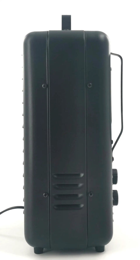 Heavy Duty 1500 Watt Portable Milkhouse Utility Space Heater With Adjustable Thermostat Overheat Guard And Tip Over Safety Switch In Matte Black side view showing controls and handle.