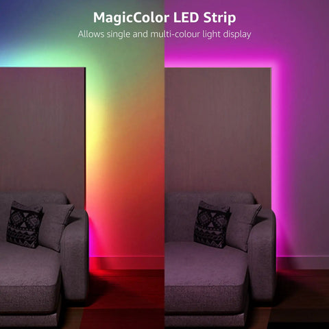 DreamColor LED Strip Lights 16.4ft Music Sync RGB 5050 LED Tape with Remote installed behind sofa creating colorful wall glow