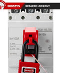 Clip-On Circuit Breaker Lockout Kit With Padlock And Tags For No Tool LOTO Locks, secured on electrical panel