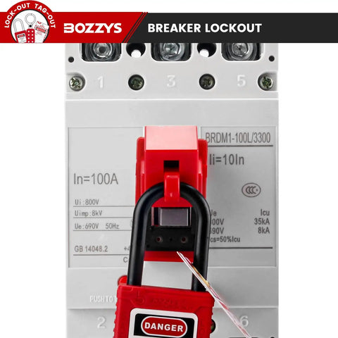 Clip-On Circuit Breaker Lockout Kit With Padlock And Tags For No Tool LOTO Locks, secured on electrical panel