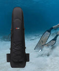 Long Fins Bag For Scuba Gear And Snorkel Kit with diver in ocean background, showcasing dual compartments for wet dry separation.