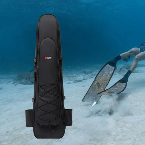 Long Fins Bag For Scuba Gear And Snorkel Kit with diver in ocean background, showcasing dual compartments for wet dry separation.