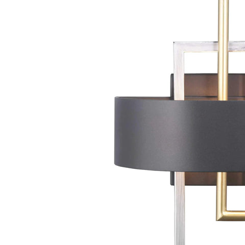 Close-up of Adagio Collection 2 Light Black Modern Wall Light with geometric interlocking brass and silver elements, side view.