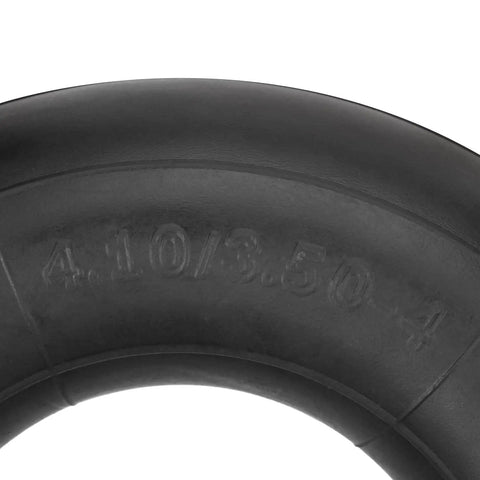 Close-up of black 4 Pack 4.10/3.50-4 Inner Tubes With TR87 Bent Valve Stem 10 Inch Heavy Duty Replacement for small equipment tire.