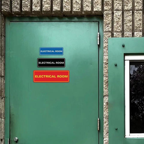 Black Electrical Room Sign Easy To Read For Doors Panels And Walls Keeps Staff And Emergency Pros In The Know About Electrical Rooms Compliant Durable Available In 2x6 And 2.75x7 And 3x9 Inches. on green door
