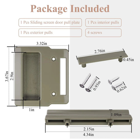 Stone Screen Hardware Kit For A-Series Patio Doors That Glide And Swing, Fits Frenchwood Narroline Perma-Shield Two And Three Panel Models From 1982 To Present, Includes Sliding Screen Pull Plate, Interior And Exterior Pulls, Screws, with measurements shown.