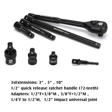 38 Piece One Half Inch Drive Deep Impact Socket Master Set With 10 Inch Quick Release Ratchet And Accessories, SAE And Metric Deep Sockets From Three Eighths To One And A Quarter Inch, 10 To 32 Mm, CR-V Steel with multiple extensions and adapters