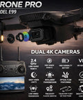 E99 Pro RC Drone With Dual Cameras and WiFi FPV, Foldable, Brushless Motors - front view with controller and lens options