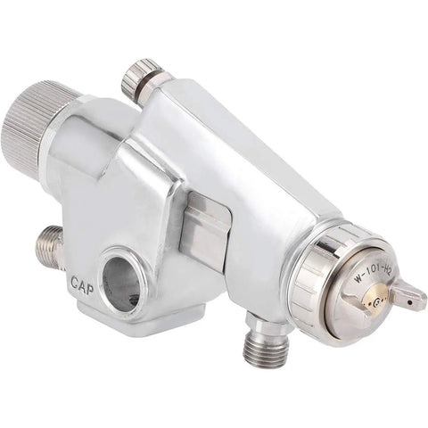 Top Shelf Pneumatic Paint Sprayer For Flawless Cabinet And Home DIY Jobs Slick Zinc Alloy Design Adjustable Spray Head close-up view of spray nozzle.