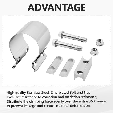 2.5 Inch Exhaust Clamp Set, Polished T304 Stainless Steel with zinc-plated bolts and nuts, highlighting corrosion resistance