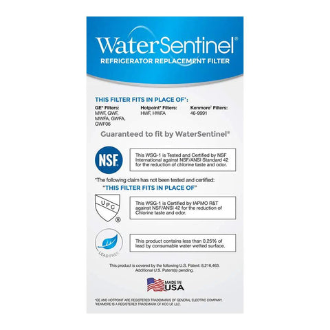 Label of WaterSentinel Fridge Water Filter Replacement That Fits GE MWF For Easy 1 Step Install Made In USA