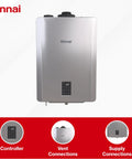 Built Like A Tank 150K BTU Condensing Natural Gas Combo Boiler And Tankless Water Heater front view with control panel and connections.