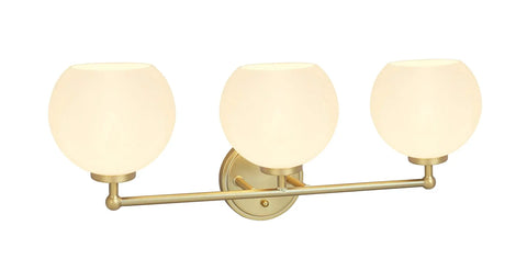 Three Light Gold Finish Vanity Wall Light Fixture With Frosted Glass Shades For Bathrooms 23 Inch Wide Transitional Design UL Listed