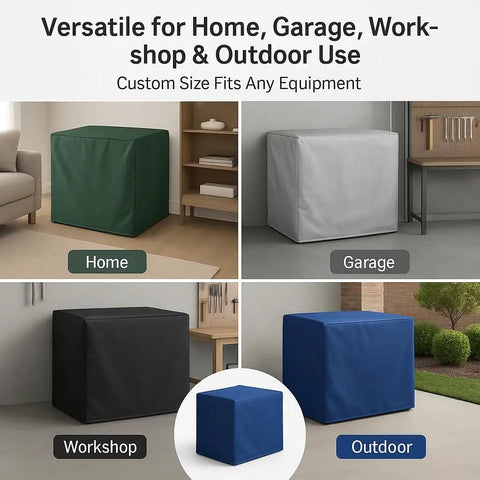 Custom Fit Dust Protection Cover for Equipment and Furniture Made to Measure Protective Cover with Personalized Text or Logo Keeps Your Gear Clean in Workshops Garages Studios and Home Workspaces, showing covers in home, garage, workshop, and outdoor settings.