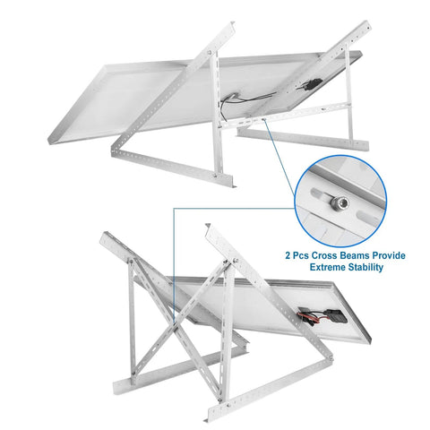 Two Pack 45 Inch Solar Panel Mount Brackets with foldable tilt legs and reinforced cross bars for 100 to 400 watt panels, close-up view.