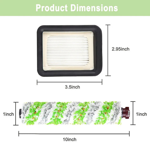Dimensions of filter and brush roll from Eight Pack Replacement Parts For CrossWave Pet Pro 2306A And CrossWave 1785 Series Vacuum Cleaner.
