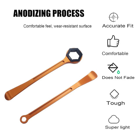 Off Road Motorcycle Tire Tool Kit With Hex Wrench Heads 10mm 13mm 22mm 27mm 32mm Tire Change Levers Spanners Aluminum CNC 7075 Fits EXC SX XC Dirt Pit Bikes Orange showing anodizing process.