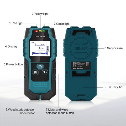 Heavy Duty Stud Finder Wall Scanner With Hd Lcd Display And Auto Calibration For Pinpointing Wood Studs Metal Nails Ac Wires And Pipes, showing front and back with buttons and display.