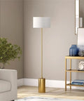 64 Inch Tall Floor Lamp With Brass Finish And White Linen Drum Shade in modern living room decor