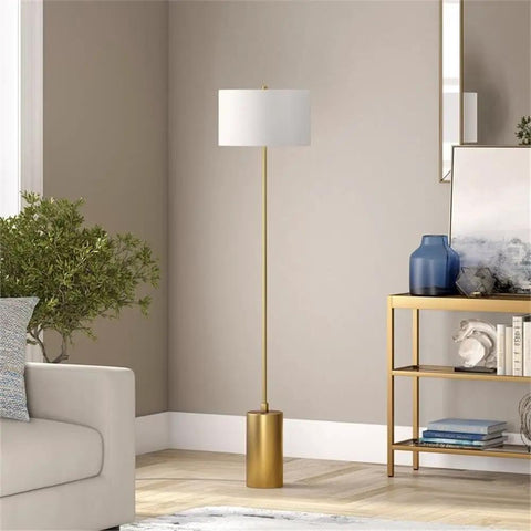 64 Inch Tall Floor Lamp With Brass Finish And White Linen Drum Shade in modern living room decor