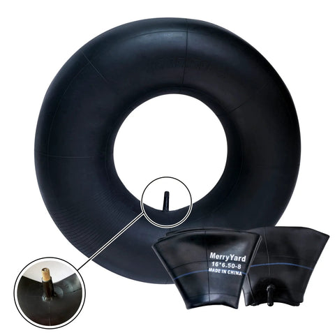 Close-up of two MerryYard black butyl inner tubes with TR13 straight valves for 16x6.50-8 and 16x7.50-8 tires.