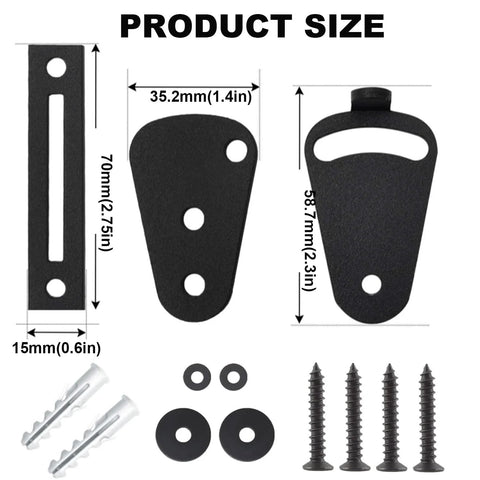 Large Size Privacy Barn Door Latch Lock For Sliding Doors Pocket Doors Garage And Shed Black Two Pack Made From Solid Steel With Powder Coat Finish For Durability And Corrosion Resistance Easy To Install For Wood Glass Gates product dimensions and components including screws.