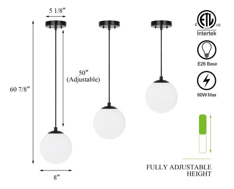 "Matte Black Globe Pendant Light 1 Light, Dope Modern Adjustable Hanging Ceiling Fixture For Kitchen Island, White Glass Sphere Shade, Sleek Hardwired Pendant Lighting" showing dimensions and adjustable height feature.