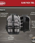 Pro Grade Sling Pack Tool Bag with 24 Pockets, dual handles, and adjustable shoulder strap for 13-inch laptop, front view