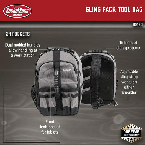 Pro Grade Sling Pack Tool Bag with 24 Pockets, dual handles, and adjustable shoulder strap for 13-inch laptop, front view