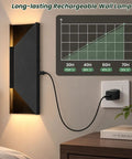 Nsleaiy Wireless Wall Sconces Set of Two, Rechargeable Wall Lights charging on a wall with glow effect and usage chart.